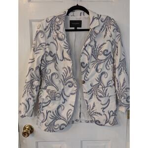 Ivory & Slate Blue Paisley Print Blazer | Tailored Jacket | Size 8 Petite